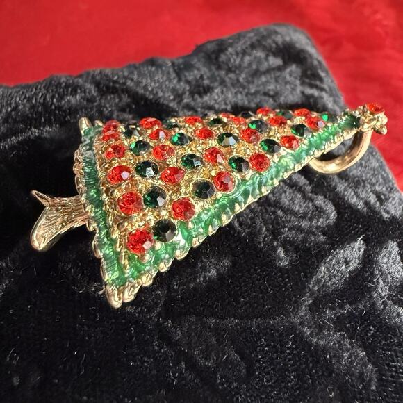 VTG Christmas Tree Pendant Brooch Gold Tone Metal Red Green Rhinestone Enamel 2” - Picture 3 of 12